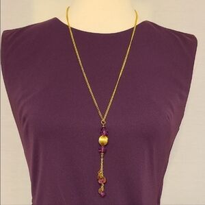 Gold-tone Purple Beaded Chandlier Pendant Necklace